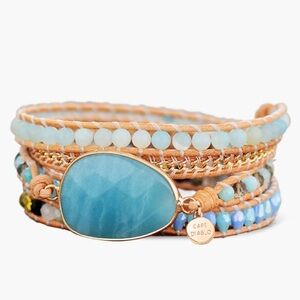 New Healing Amazonite Protection Wrap Bracelet
 Blue and Gold Beaded